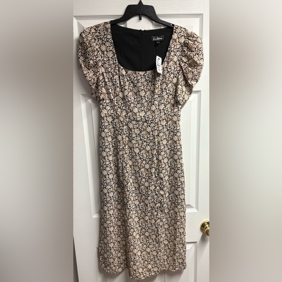 NWT San Edelman Beige/Black Ditsy Floral Midi Dress W/ Puff Sleeves Size 6 - Picture 2 of 6